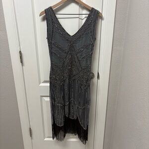 Elegant Gray Beaded Midi Dress